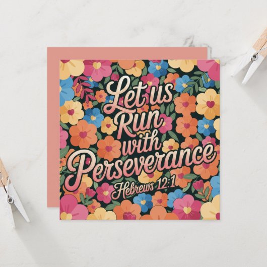Floral “Let Us Run with Perseverance” Christian  カード (正面/裏面インサイチュ)