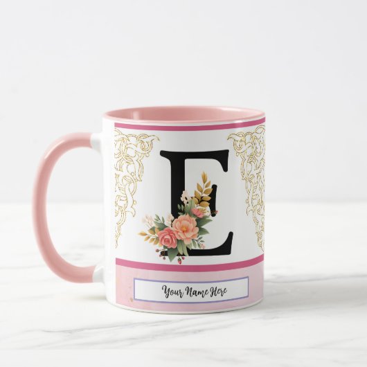Floral Letter E Mug – Personalized Initial Cup wit マグカップ (左)