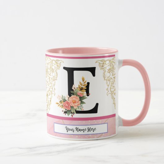Floral Letter E Mug – Personalized Initial Cup wit マグカップ (右)