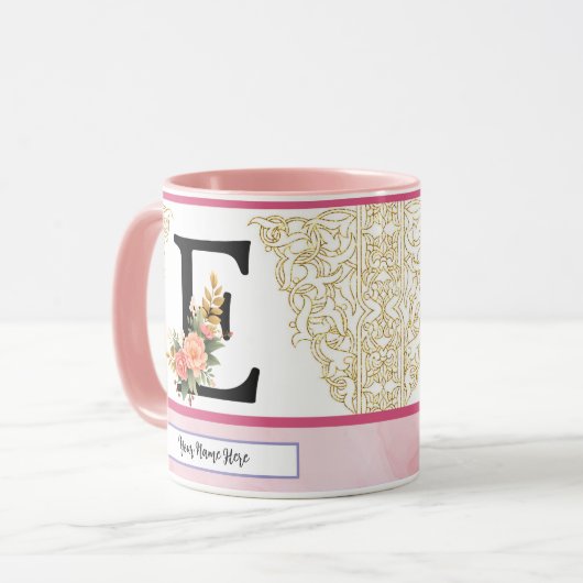 Floral Letter E Mug – Personalized Initial Cup wit マグカップ (正面左)