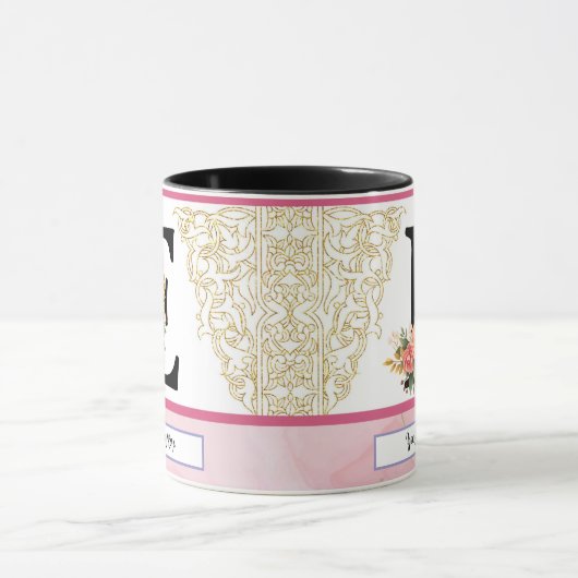 Floral Letter E Mug – Personalized Initial Cup wit マグカップ (中央)
