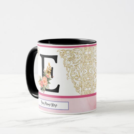 Floral Letter E Mug – Personalized Initial Cup wit マグカップ (正面左)