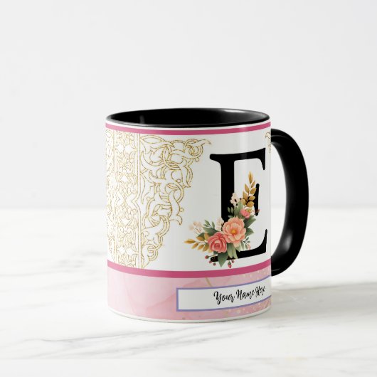 Floral Letter E Mug – Personalized Initial Cup wit マグカップ (正面右)