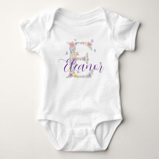 Floral Letter E Personalized Baby Bodysuit ベビーボディスーツ (正面)