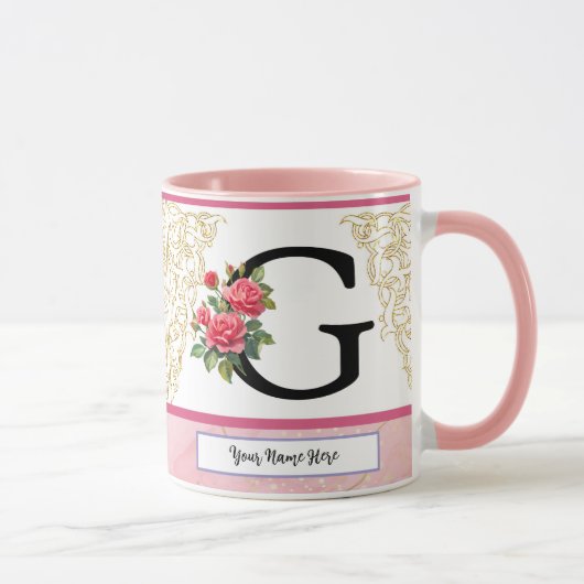 Floral Letter G Mug – Custom Name Monogram Cup マグカップ (右)