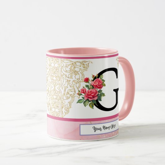 Floral Letter G Mug – Custom Name Monogram Cup マグカップ (正面右)