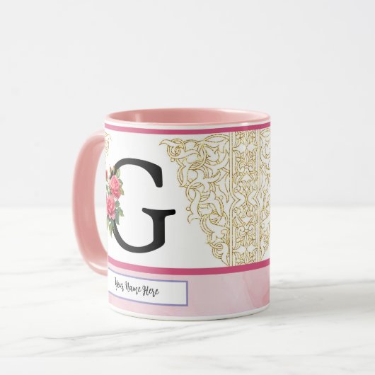 Floral Letter G Mug – Custom Name Monogram Cup マグカップ (正面左)