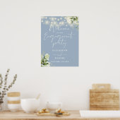 Floral Lights Dusty Blue Engagement Welcome Sign ポスター (キッチン)