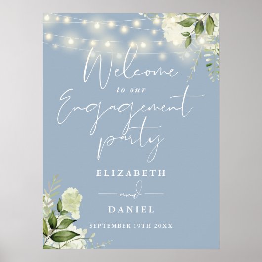 Floral Lights Dusty Blue Engagement Welcome Sign ポスター (正面)