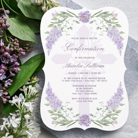 Floral Lilac Frame Holy Cross Confirmation 招待状