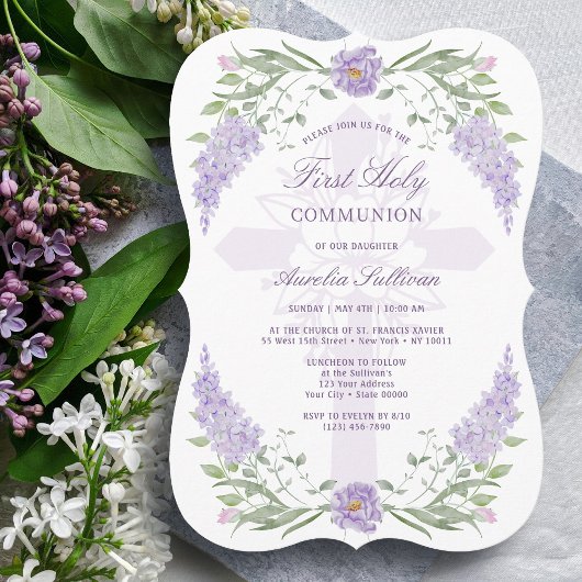 Floral Lilac Frame Holy Cross First Communion 招待状