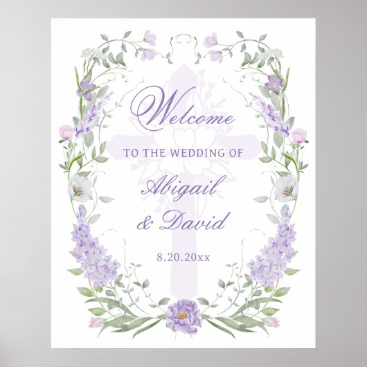 Floral Lilac Frame Religious Wedding Welcome ポスター (正面)