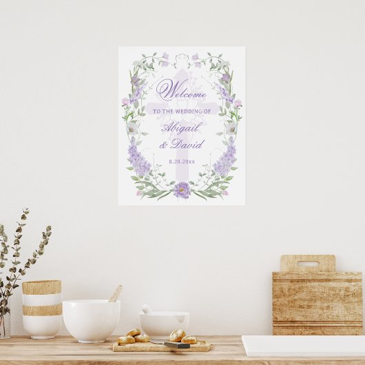 Floral Lilac Frame Religious Wedding Welcome ポスター (キッチン)