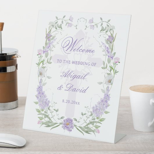 Floral Lilac Frame Religious Wedding Welcome 台座サイン (インサイチュ)
