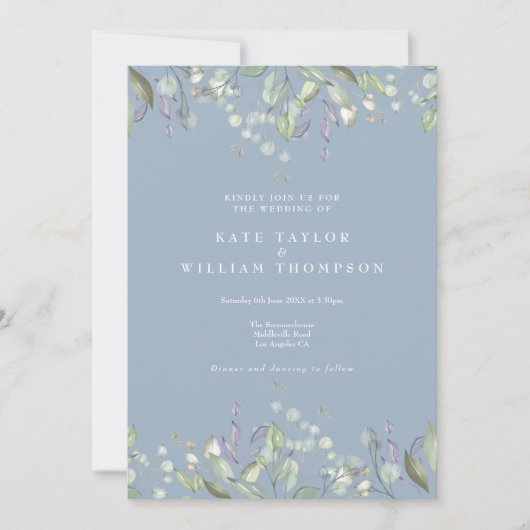 Floral Lilac Greenery Dusty Blue QR Code Wedding 招待状 (正面)