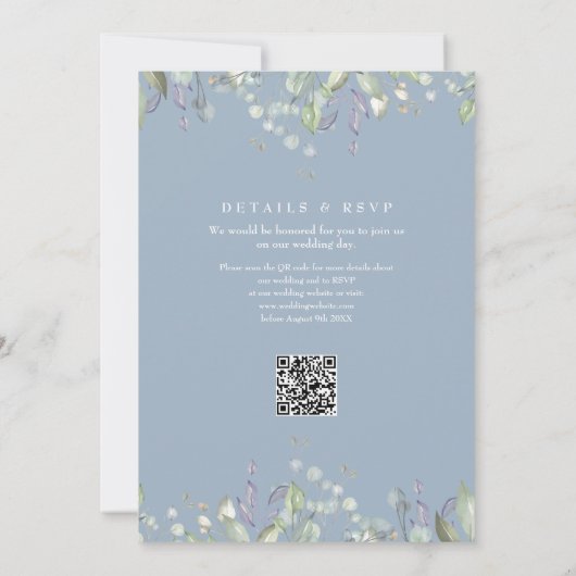 Floral Lilac Greenery Dusty Blue QR Code Wedding 招待状 (裏面)