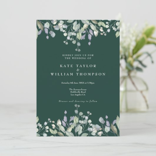 Floral Lilac Greenery Emerald QR Code Wedding 招待状 (スタンド正面)