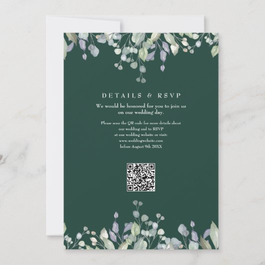 Floral Lilac Greenery Emerald QR Code Wedding 招待状 (裏面)