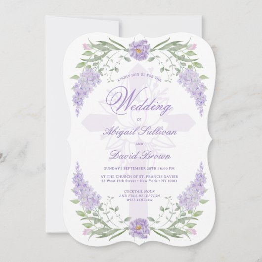 Floral Lilac Lavender Frame Religious Wedding 招待状 (正面)