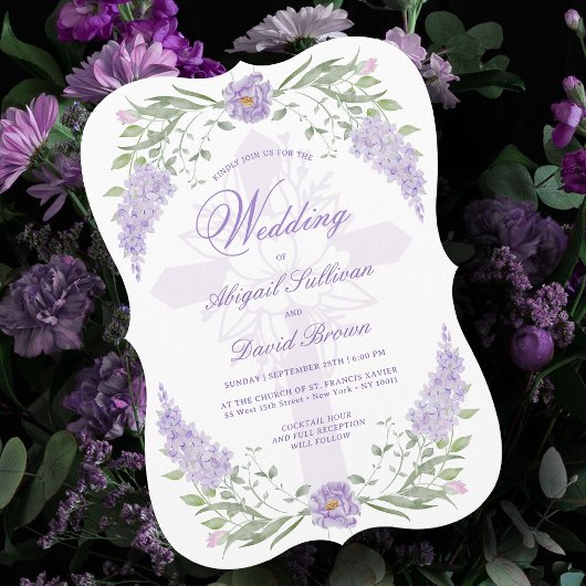 Floral Lilac Lavender Frame Religious Wedding 招待状