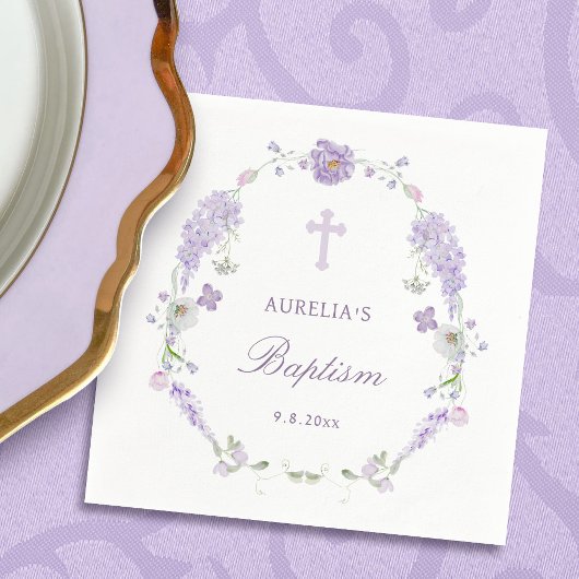 Floral Lilac Lavender Wreath Baptism スタンダードカクテルナプキン