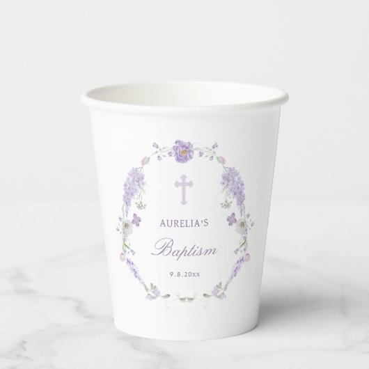 Floral Lilac Lavender Wreath Baptism 紙コップ (裏面)