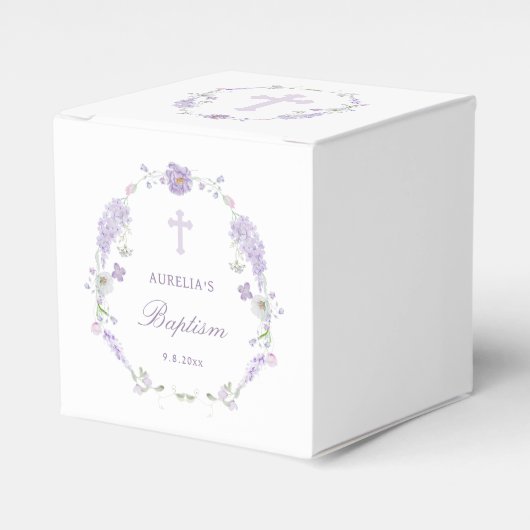 Floral Lilac Lavender Wreath Baptism Cube フェイバーボックス (正面サイド)