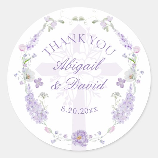 Floral Lilac Lavender Wreath Religious Wedding ラウンドシール (正面)