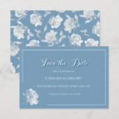 Floral Line Art Dusty Blue White Wedding セーブザデート (正面/裏面)