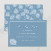 Floral Line Art Dusty Blue White Wedding セーブザデート (正面/裏面)
