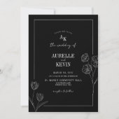 Floral Line Art Rustic Black Elegant Wedding 招待状 (正面)