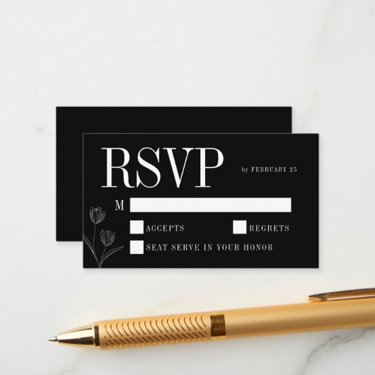 Floral Line Art Rustic Black Elegant Wedding RSVP エンクロージャーカード (正面/裏面インサイチュ)