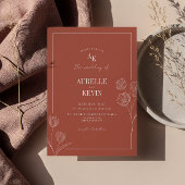 Floral Line Art Rustic Terracota Elegant Wedding  招待状
