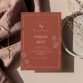 Floral Line Art Rustic Terracota Elegant Wedding  招待状