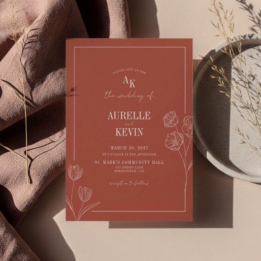 Floral Line Art Rustic Terracota Elegant Wedding  招待状