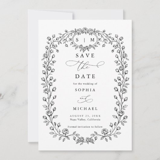 Floral Line Art Save The Date Invitation セーブザデート (正面)