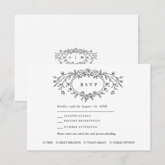 Floral Line Art Wedding Response Card 出欠カード (正面/裏面)