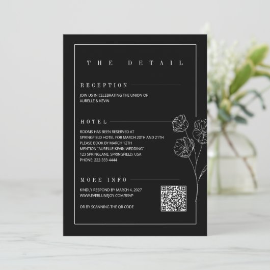 Floral Line Rustic Black Elegant All in Wedding  招待状 (スタンド正面)