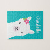 Floral Llama Alpaca Teal Personalized Kids ジグソーパズル (横)