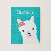 Floral Llama Alpaca Teal Personalized Kids ジグソーパズル (縦)