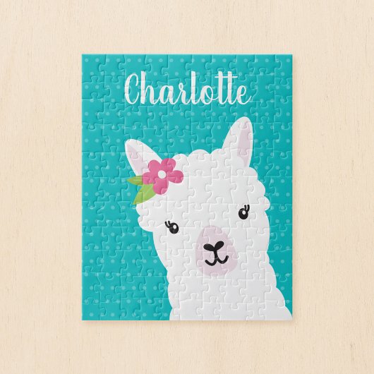 Floral Llama Alpaca Teal Personalized Kids ジグソーパズル