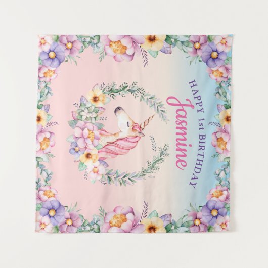 Floral Magical Unicorn Backdrop & Tapestry タペストリー (正面(横))