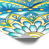 Floral Mandala Yellow Blue Turquoise Pattern ポスター (角)