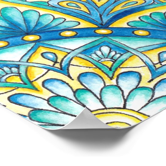 Floral Mandala Yellow Blue Turquoise Pattern ポスター (角)