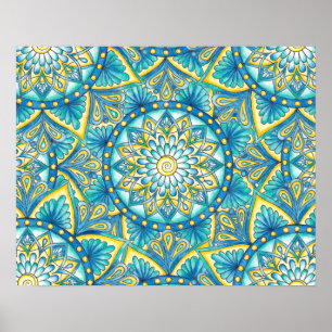 Floral Mandala Yellow Blue Turquoise Pattern ポスター