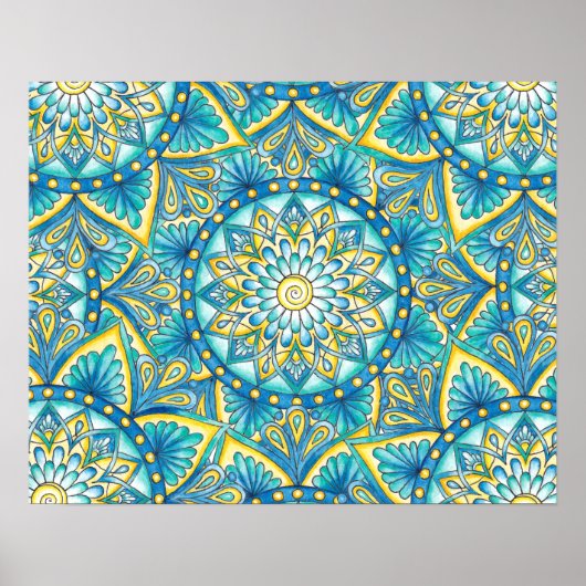 Floral Mandala Yellow Blue Turquoise Pattern ポスター (正面)