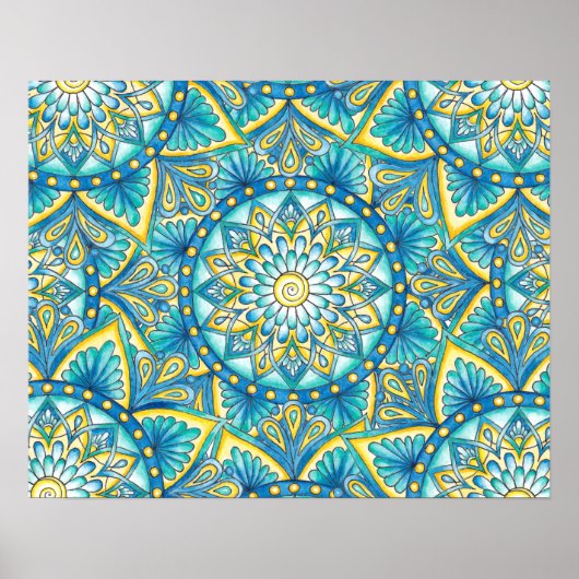 Floral Mandala Yellow Blue Turquoise Pattern ポスター (正面)