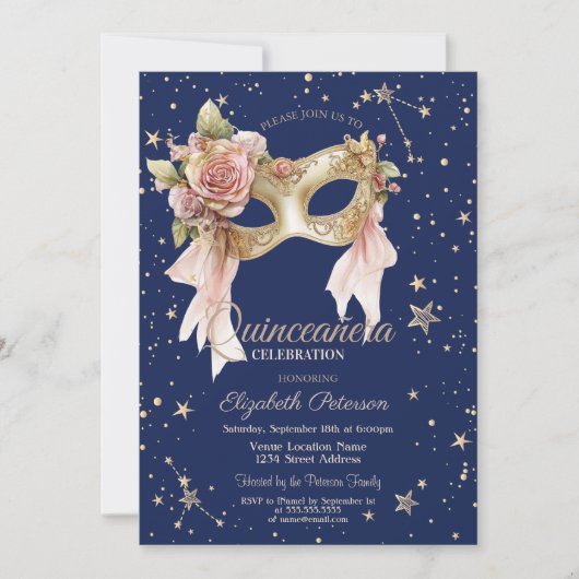 Floral Masque Stars Navy Blue Quinceañera 招待状 (正面)
