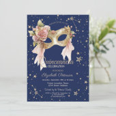 Floral Masque Stars Navy Blue Quinceañera 招待状 (スタンド正面)