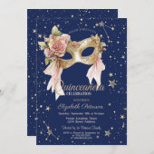 Floral Masque Stars Navy Blue Quinceañera 招待状 (正面/裏面)